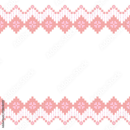 Pink pixel ethnic border frame, geometric tribal zigzag background