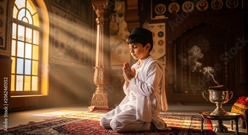 Young boy in traditional attire praying near window with sunlight streaming