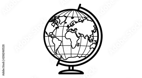 Complete black and white vector image of a vintage desktop world globe showing geographic continents and latitude lines for educational maps and travel