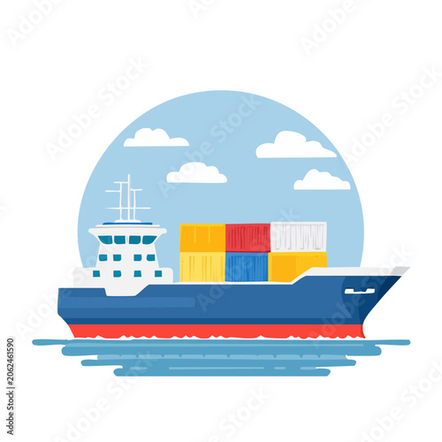 Flat design cruise ship with ocean waves and sun
