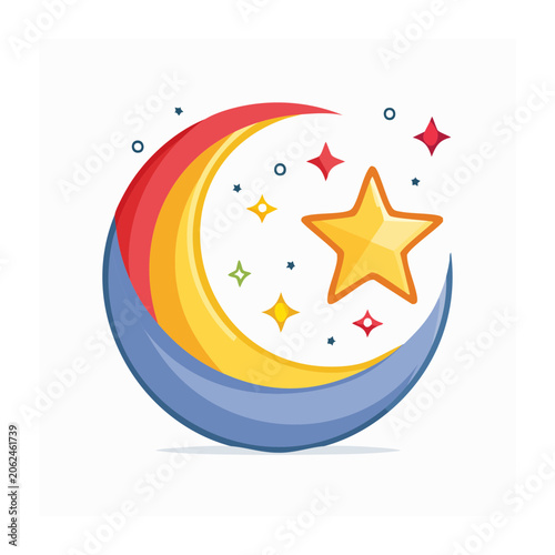 Flat design sun with rays and stars
