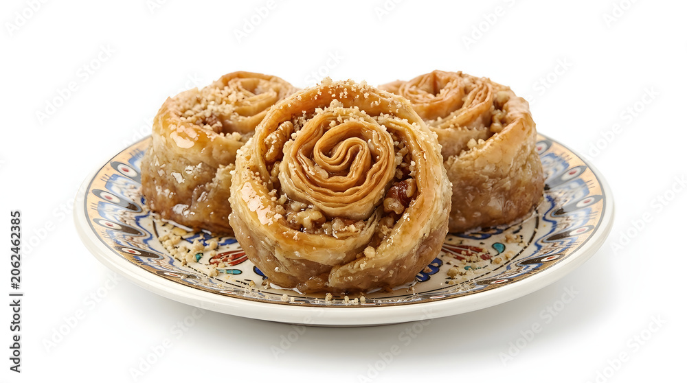 Fototapeta premium Traditional Bosnian Baklava loaded with walnuts and sweet syrup, isolated on a white background. Perfect for dessert and pastry menus