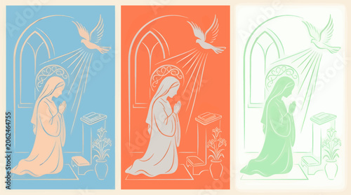 Schilderij op canvas Monochromatic Vector Illustration of the Annunciation with Mary Kneeling in Pray
