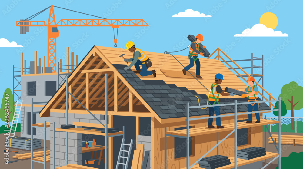 Naklejka premium Construction workers building a house roof.