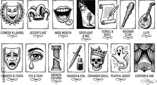 Quadro su tela Artistic: Renaissance and Shakespearean performing arts sketch-style cards vecto