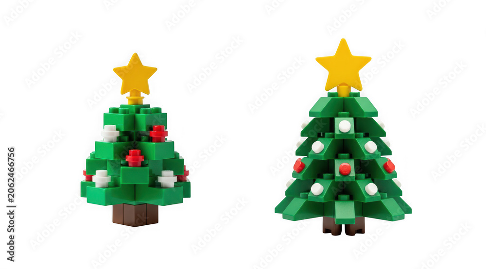 Naklejka premium Two small decorative christmas trees made of plastic building blocks isolated on transparent background