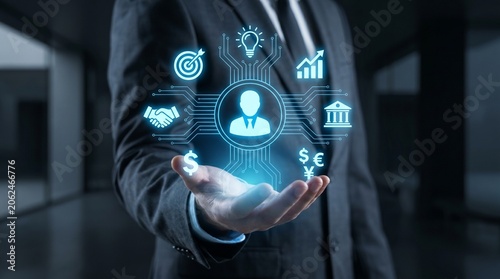Business professional holding a digital hologram of a user icon connected to global financial and business icons representing human capital management