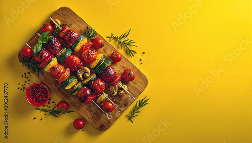 Colorful Grilled Vegetable Skewers with Herbs and Spices on Rustic Board Against Bright Yellow Background