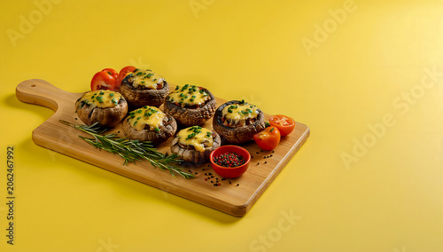 Stuffed Portobello Mushrooms with Herbs on Rustic Board in Wide-Angle Yellow BBQ Barbecue Braai Scene