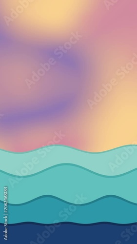 Vertical Ocean Waves Motion Background with Sunset Gradient Sky