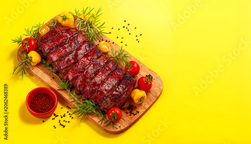 Flame Seared Pork Ribs Platter with Spices and Smoke on Bright Yellow Background BBQ Barbecue Braai Scene