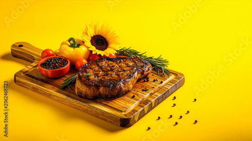 Grilled T-Bone Steak with Cherry Tomatoes, Herbs and Sunflower on Wooden Board in Vibrant Yellow BBQ Scene
