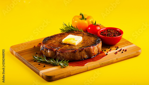 Charred Rump Steak with Butter and Herbs on Wooden Board in Vibrant Yellow Modern BBQ Braai Scene