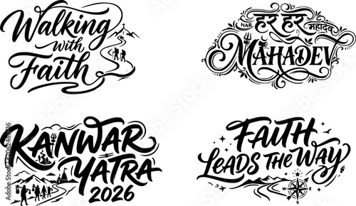 Walking with Faith and Har Har Mahadev hand lettering set with Kanwar Yatra 2026 and Faith Leads the Way typography for religious festival prints