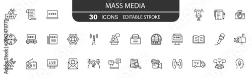 News media. Mass media icons set. Icons for tv, radio, newspaper, microphone, satellite, camera, news, social media.  Line icons.