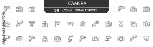 Camera icons. Cctv icon. Security camera vector set. Drone, photo camera, webcam.  Editable Stroke.