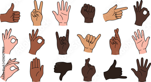 Diverse Hand Gesture Vector Icon Set with Thumbs Up Peace Sign and OK Symbols for Nonverbal Communication Designs