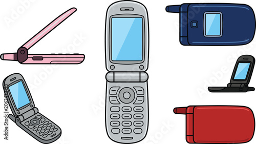 Fotografie Retro Flip Phone Vector Set with Vintage Clamshell Cellular Devices and Closed S