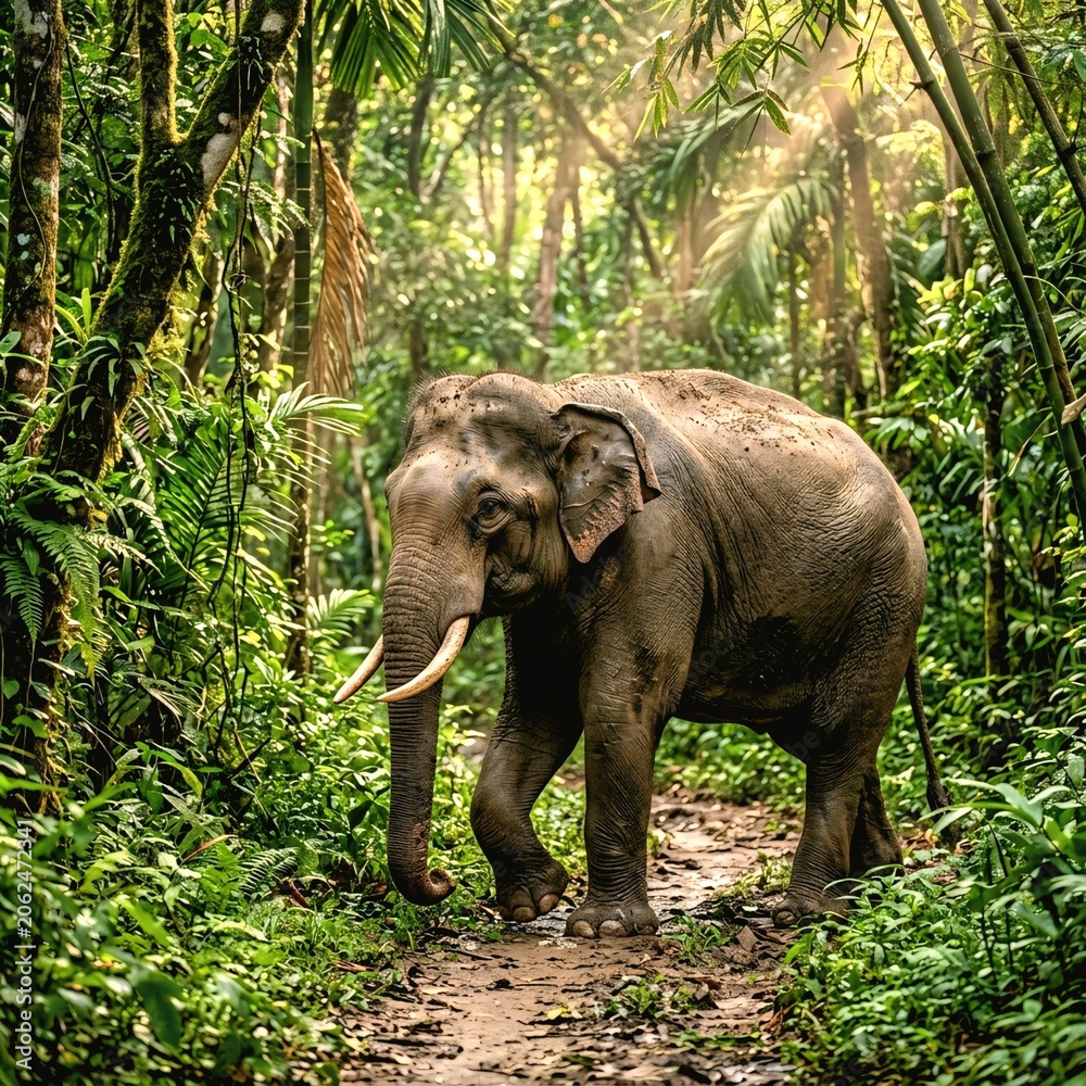 Fototapeta premium Asian Elephant Walking Through Tropical Forest