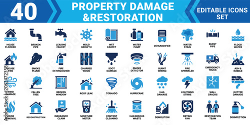 Foto Property damage restoration icon set 40 editable vector illustrations for disast