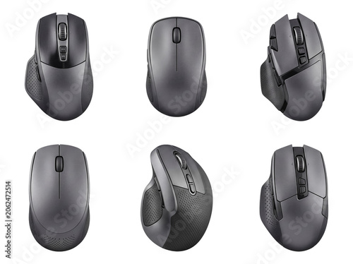 Six detailed views of a modern ergonomic wireless computer mouse in grey tones on transparent background.