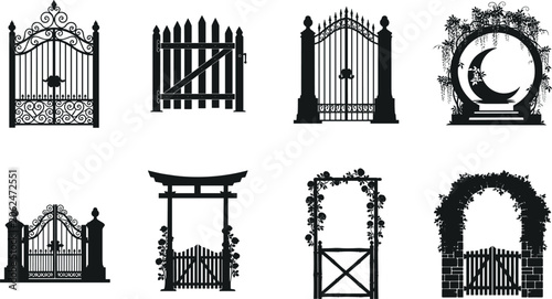 Fotografie Garden Gates And Decorative Arches Silhouette Set Featuring Wrought Iron Picket
