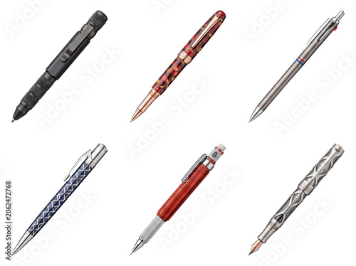 Collection of diverse luxury writing instruments in various styles and materials, isolated on transparent background.