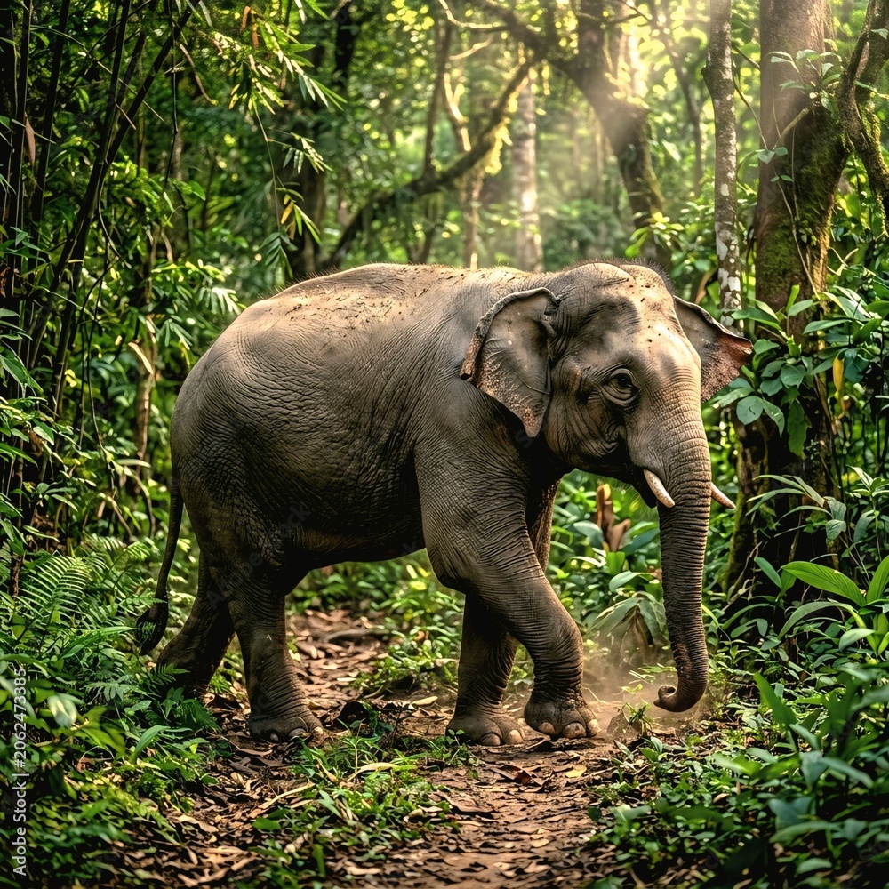 Fototapeta premium Asian Elephant Walking Through Tropical Forest
