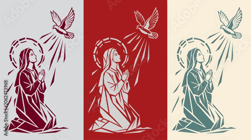Foto Monochromatic Vector Illustration of the Annunciation, Virgin Mary Kneeling in P