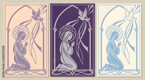 Foto Monochromatic Vector Illustration of the Annunciation, Featuring Mary Kneeling i