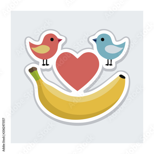 Flat design illustration of banana with birds and heart