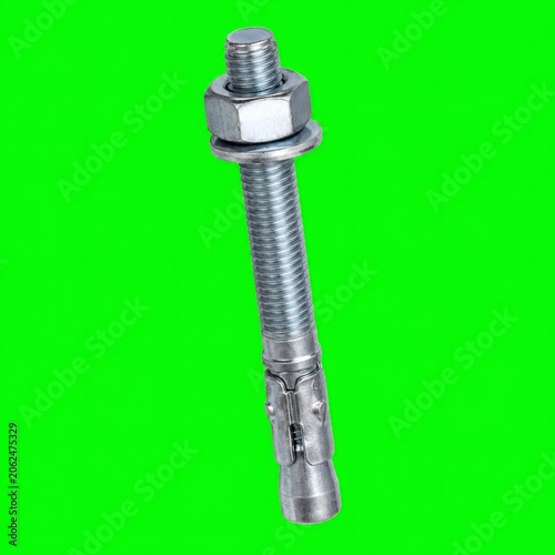 Metallic Wedge Anchor Bolt Fastener with Nut and Washer Isolated on Bright Green Background