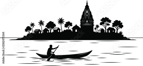 Indian Village Silhouette Landscape with Hindu Temple Traditional Houses Palm Trees and Fisherman Rowing Boat in River