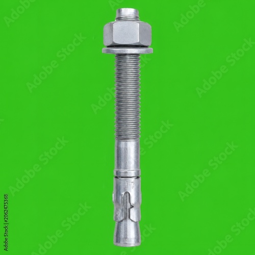 Metallic Wedge Anchor Bolt With Nut and Washer Object Against Chroma Key Green Background