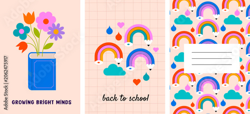 Cuadro en lienzo Back to school poster and notebook cover collection with book, flowers, pencil rainbows, clouds and raindrops doodles