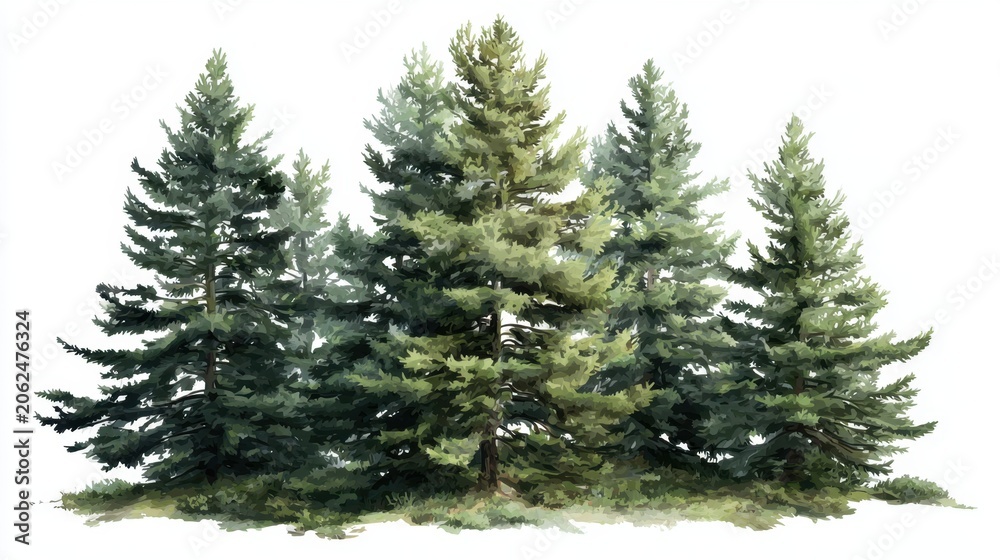 Obraz premium Lush Evergreen Trees in Watercolor Style, Perfect for Nature Themes, Backgrounds, and Illustrations, Showcasing the Beauty of Pine Forests and Natural Landscapes