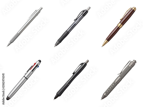 Fotografía A professional photograph of six diverse writing instruments, including multi-color and tactical pens, isolated
