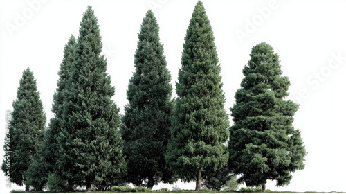 A Lush and Verdant Collection of Tall Evergreen Trees Standing Gracefully Together on a Bright White Background, Perfect for Nature and Landscaping Themes