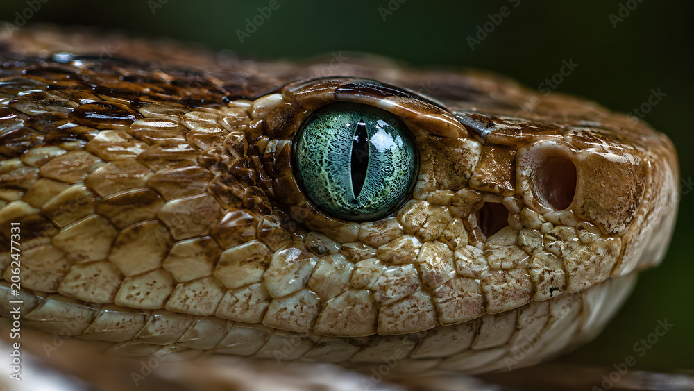Fototapeta premium Extreme macro of a green snake eye and textured scales