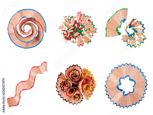 Creative abstract collection of colorful pencil shavings, showcasing artistic patterns and vibrant textures.
