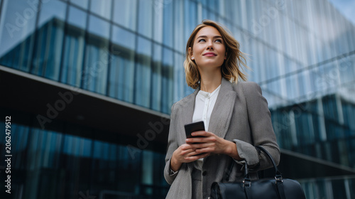  Professional woman with phone and briefcase outside office, perfect for corporate or tech branding.
