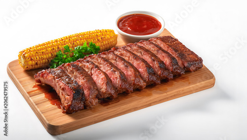 Tender BBQ Beef Short Ribs with Char Marks, Corn on the Cob and Parsley in Rustic Barbecue Braai Scene