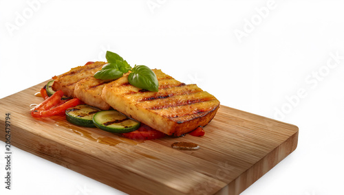 Grilled Halloumi with Basil, Zucchini and Red Peppers on Rustic Board White Backdrop BBQ Barbecue Braai Scene