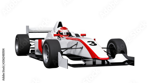 Картината върху платно White and red formula racing car with driver wearing helmet