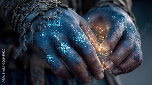 Enchanted hands with glowing symbols and mystical sparkles