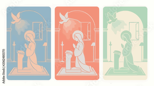 Cuadro en lienzo Monochromatic Flat Vector Illustration of the Annunciation, Virgin Mary Kneeling