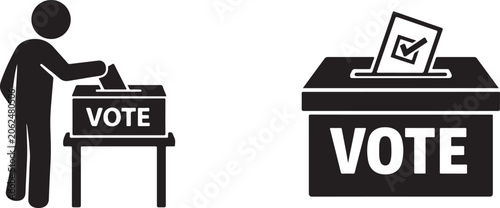Foto Voting process icon with four voters in booths and central ballot box