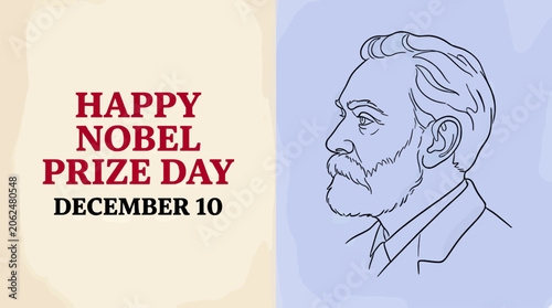 Minimalist Line Art Illustration of Alfred Nobel in Profile with Text 'Happy Nobel Prize Day December 10', Vector Graphic