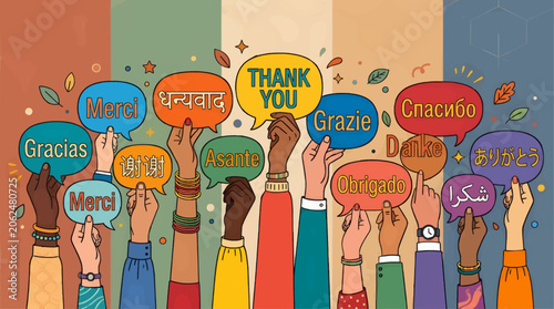 Diverse Hands Holding Speech Bubbles with 'Thank You' in Multiple Languages, Flat Vector Illustration, Concept of Global Gratitude and Communication