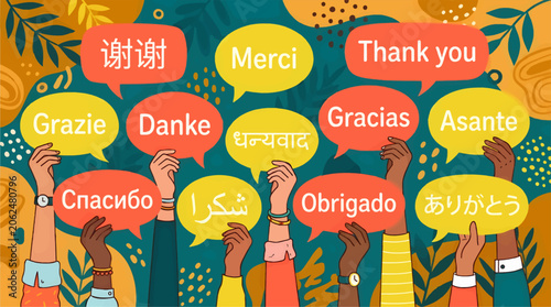 Diverse Hands Holding Speech Bubbles with 'Thank You' in Multiple Languages, Flat Graphic Illustration Style, Communication Concept